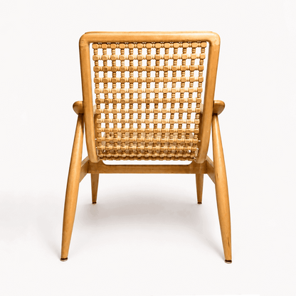 Naseem Arm Chair by Kitzoom featuring a solid beech wood frame with a handcrafted wooden bead seat and backrest, inspired by traditional Arabesque patterns.
