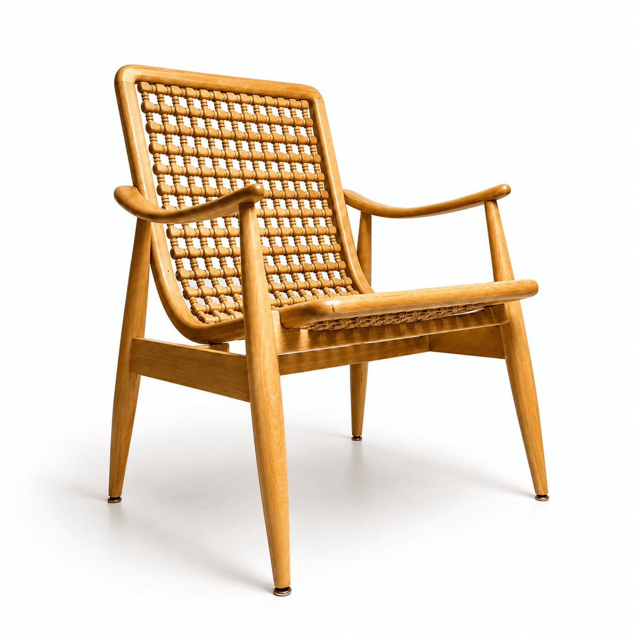 Naseem Arm Chair by Kitzoom featuring a solid beech wood frame with a handcrafted wooden bead seat and backrest, inspired by traditional Arabesque patterns.