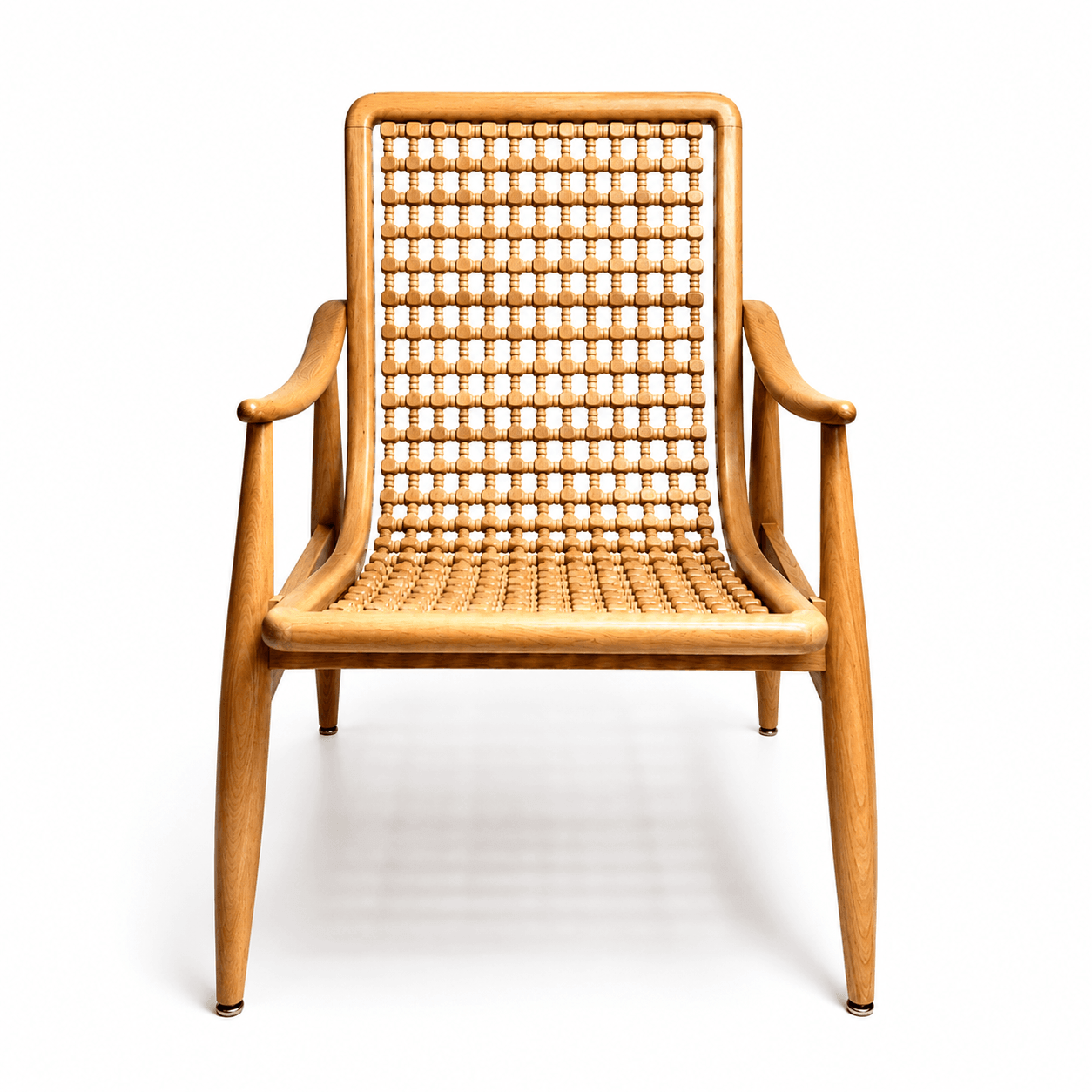 Naseem Arm Chair by Kitzoom featuring a solid beech wood frame with a handcrafted wooden bead seat and backrest, inspired by traditional Arabesque patterns.