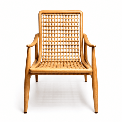 Naseem Arm Chair by Kitzoom featuring a solid beech wood frame with a handcrafted wooden bead seat and backrest, inspired by traditional Arabesque patterns.
