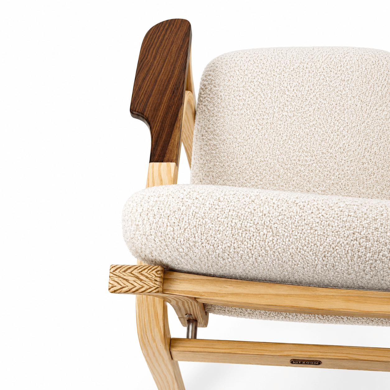 Tayya Arm Chair by Kitzoom featuring a solid pitch pine wood frame, walnut armrests, and premium linen upholstery, easy to assemble, blending timeless craftsmanship with contemporary comfort.