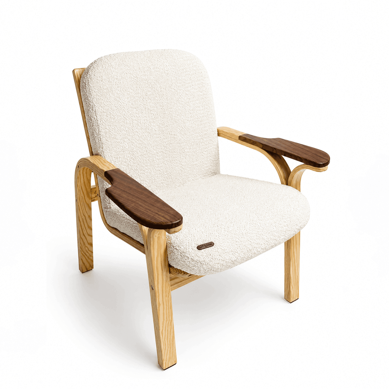 Tayya Arm Chair by Kitzoom featuring a solid pitch pine wood frame, walnut armrests, and premium linen upholstery, easy to assemble, blending timeless craftsmanship with contemporary comfort.