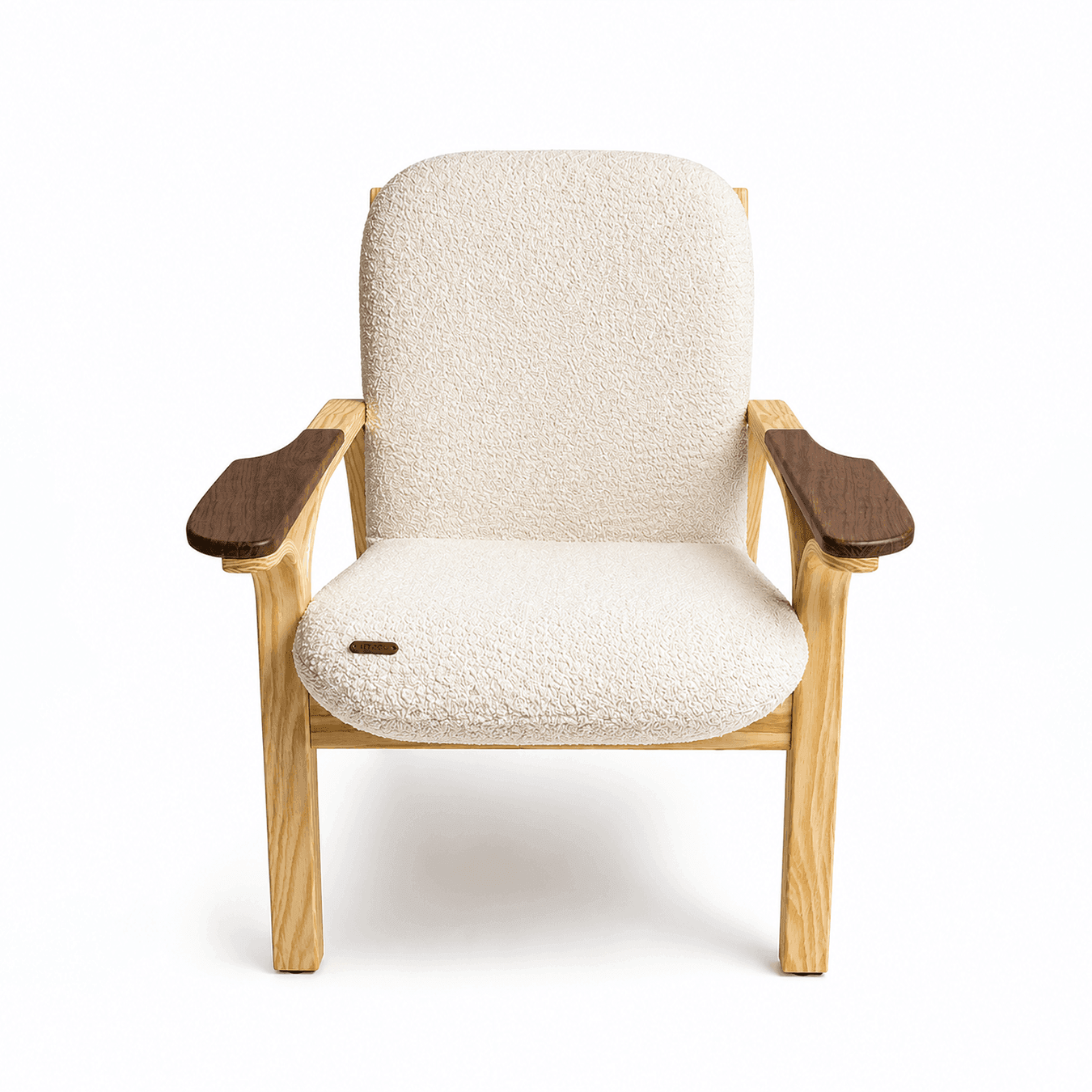 Tayya Arm Chair by Kitzoom featuring a solid pitch pine wood frame, walnut armrests, and premium linen upholstery, easy to assemble, blending timeless craftsmanship with contemporary comfort.