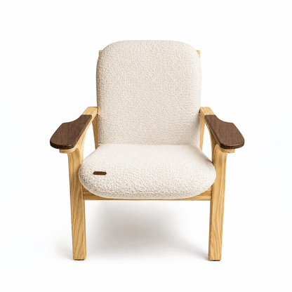 Tayya Arm Chair by Kitzoom featuring a solid pitch pine wood frame, walnut armrests, and premium linen upholstery, easy to assemble, blending timeless craftsmanship with contemporary comfort.