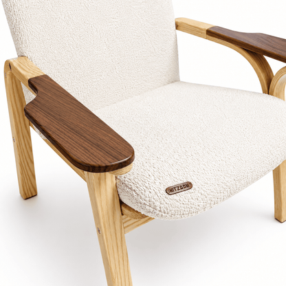 Tayya Arm Chair by Kitzoom featuring a solid pitch pine wood frame, walnut armrests, and premium linen upholstery, easy to assemble, blending timeless craftsmanship with contemporary comfort.