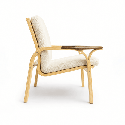 Tayya Arm Chair by Kitzoom featuring a solid pitch pine wood frame, walnut armrests, and premium linen upholstery, easy to assemble, blending timeless craftsmanship with contemporary comfort.